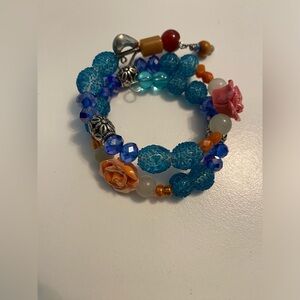 Hand Crafted Blue, Orange & Pink Beaded Floral Wrap Bracelet